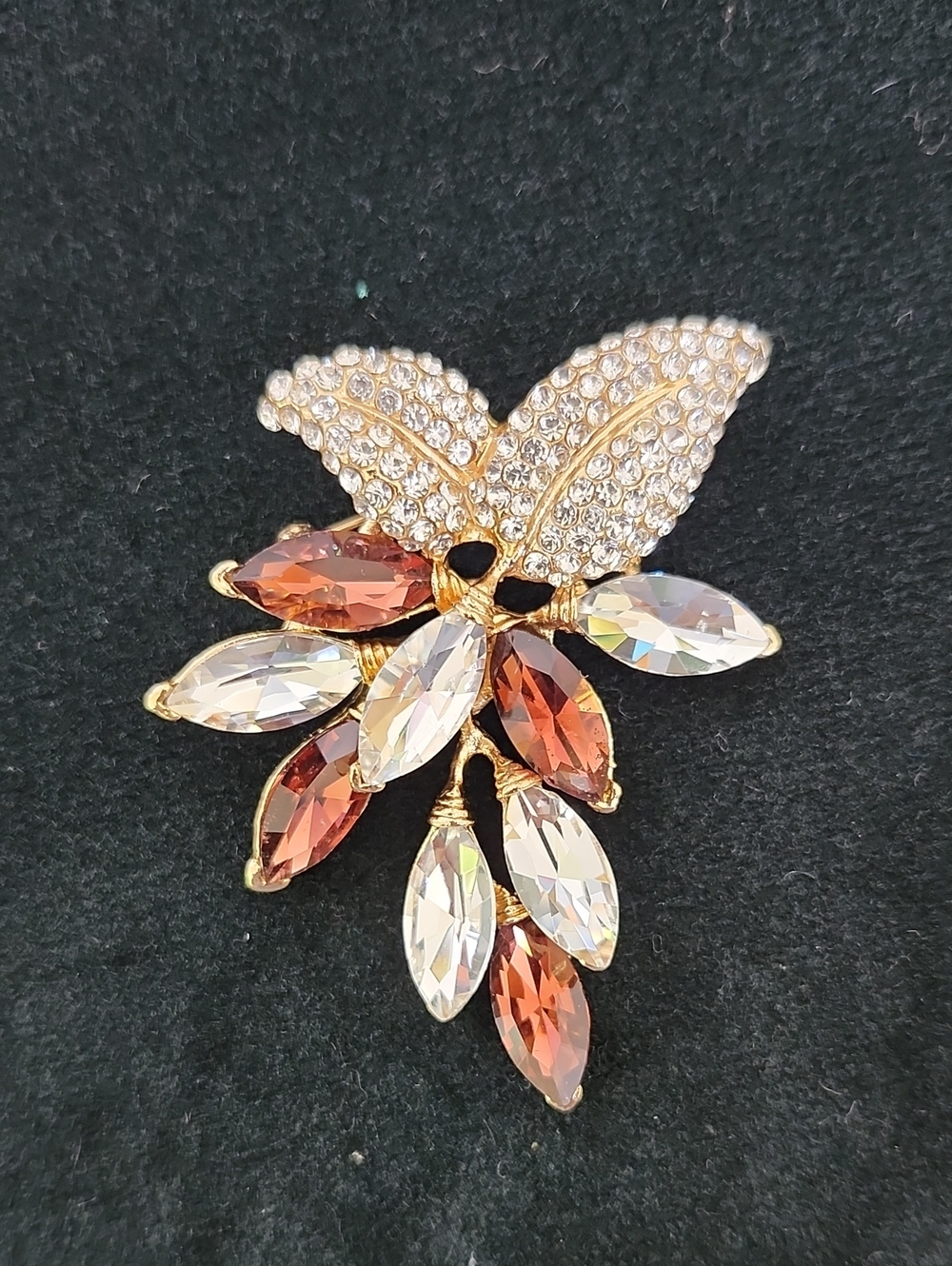 Gold-Tone Crystal Leaf Brooch in Amber and Clear